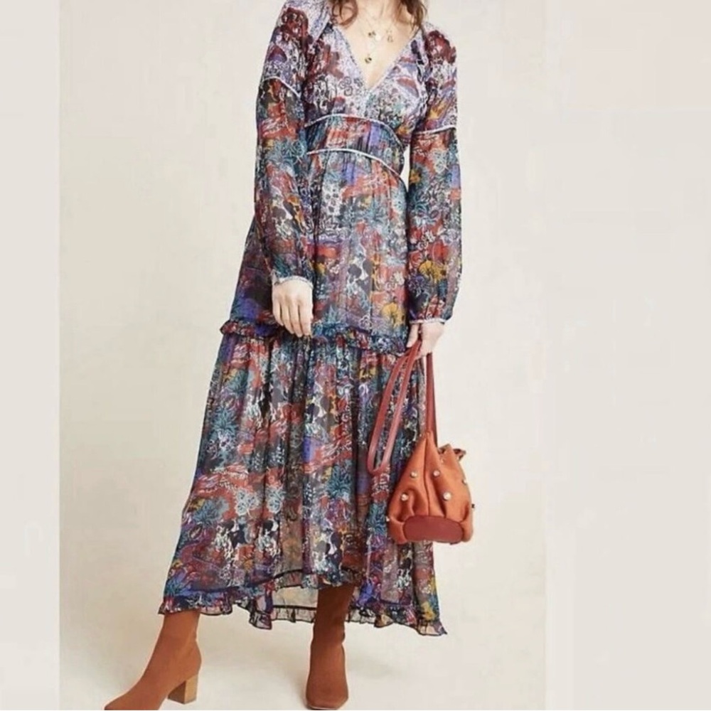 Anthropologie Maeve Annabella Maxi Dress Boho Floral Tiered Chiffon Gypsy size 6